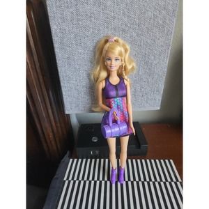 Classic Barbie curly blonde purple mini dress and accessories